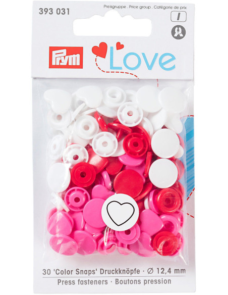 Set of 30 Color Snaps Heart Press Studs 12.4 mm - Red, White, and Fuchsia