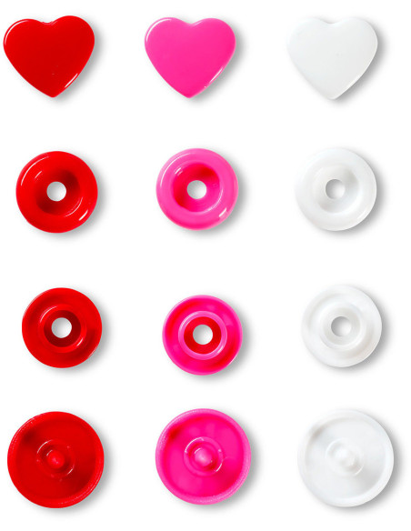 Set of 30 Color Snaps Heart Press Studs 12.4 mm - Red, White, and Fuchsia