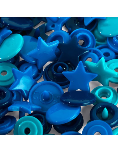 Set of 30 Color Snaps Star Press Studs 12.4 mm - Blue, Turquoise, and Ink