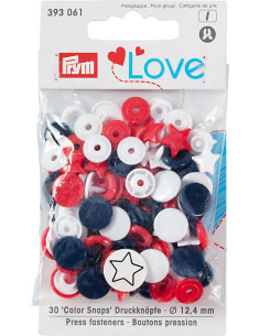 Set of 30 Color Snaps Star Press Studs 12.4 mm - Red, White, and Navy