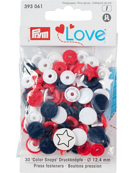 Set of 30 Color Snaps Star Press Studs 12.4 mm - Red, White, and Navy