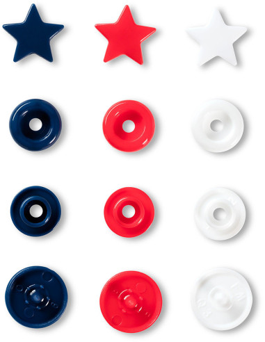 Set of 30 Color Snaps Star Press Studs 12.4 mm - Red, White, and Navy