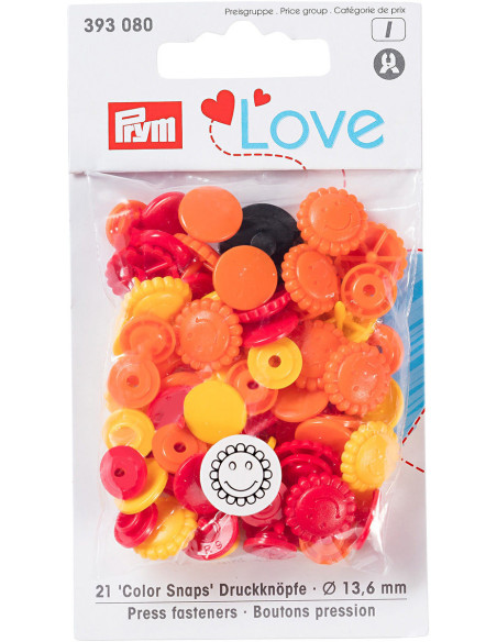 Set of 21 Color Snaps Flower Press Studs 13.6 mm - Yellow, Red, and Orange