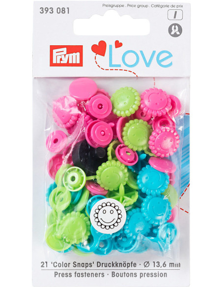 Set of 21 Color Snaps Flower Press Studs 13.6 mm - Turquoise, Green, and Fuchsia