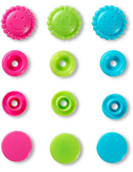 Set of 21 Color Snaps Flower Press Studs 13.6 mm - Turquoise, Green, and Fuchsia