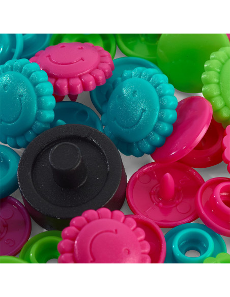 Set of 21 Color Snaps Flower Press Studs 13.6 mm - Turquoise, Green, and Fuchsia