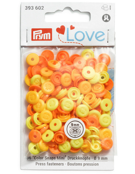 Set of 36 Color Snaps Mini 9 mm Optical Snap Buttons - Yellow, Orange-Yellow, and Orange