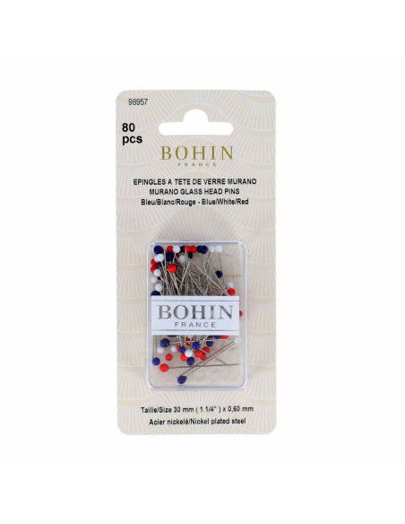 Box of 80 extra-fine pins with Murano glass heads, cocorico Bohin