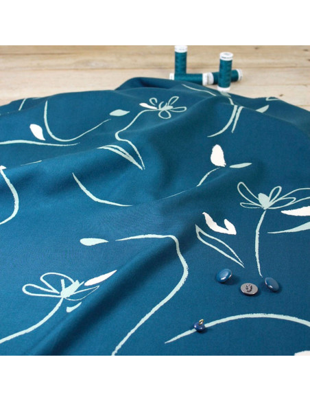 Petrol blue Bloom viscose twill fabric - Églantine & Zoé