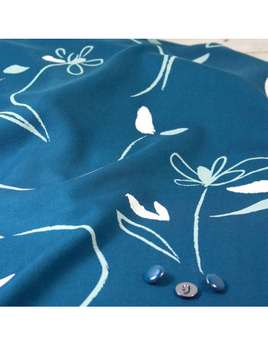 Petrol blue Bloom viscose twill fabric - Églantine & Zoé