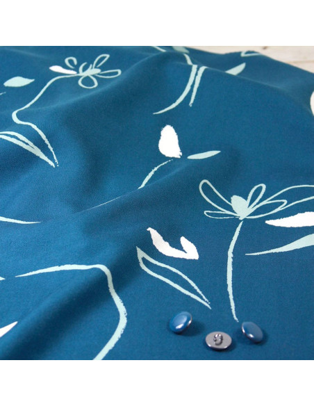 Petrol blue Bloom viscose twill fabric - Églantine & Zoé