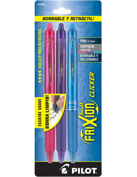 Set of 3 Pilot FriXion Ball Clicker roller pens - Fuchsia, violet, and turquoise