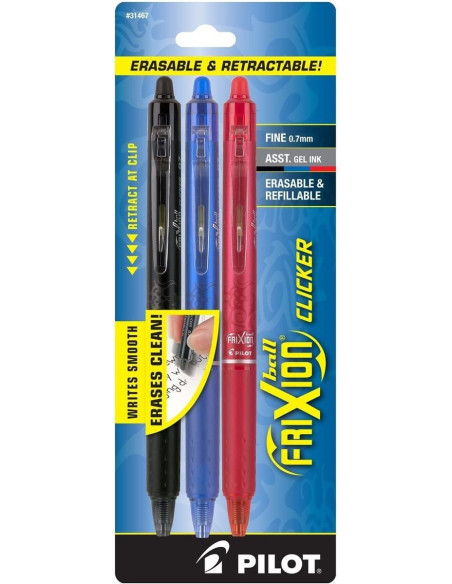Set of 3 Pilot FriXion Ball Clicker roller pens - Black, blue, and red