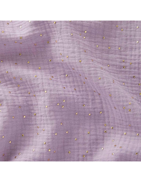 Light lilac double gauze cotton fabric with mini golden dots
