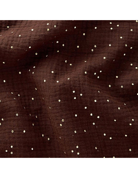 Dark brown double gauze cotton fabric with mini golden dots