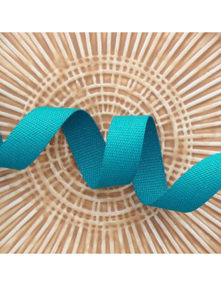 Polyester lurex strap with a cotton appearance - Turquoise blue and gold