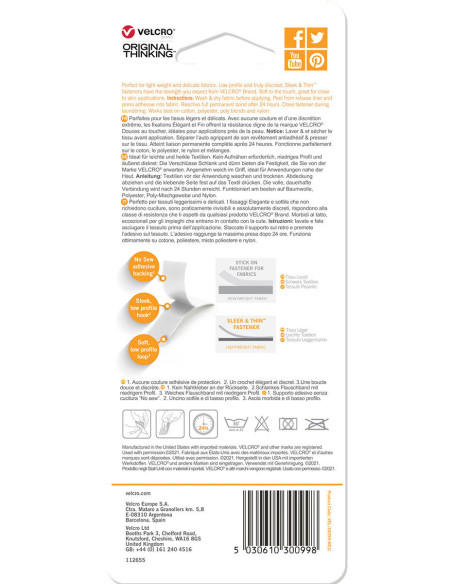 VELCRO® Brand Sleek & Thin adhesive for fabric 19mm x 60cm White