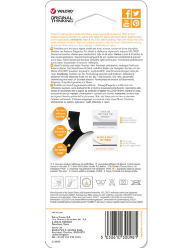 VELCRO® Brand Sleek & Thin adhesive for fabric 19mm x 60cm Black