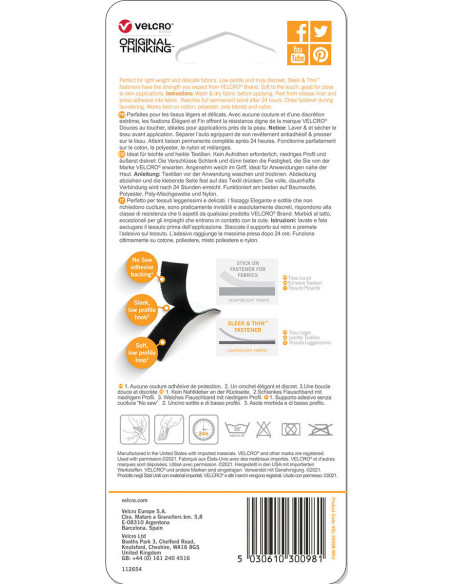 VELCRO® Brand Sleek & Thin adhesive for fabric 19mm x 60cm Black