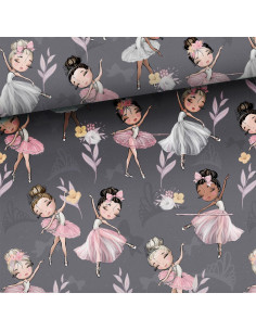 Premium cotton fabric - Small ballerinas on a gray background