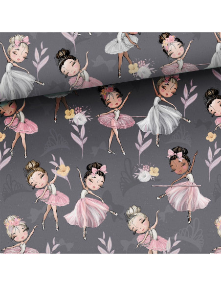 Premium cotton fabric - Small ballerinas on a gray background