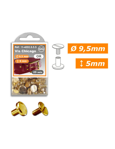 25 sets of Chicago screws 9.5 mm x 5 mm - Gold