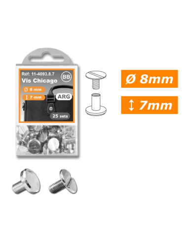 25 sets of Chicago screws 8 mm x 7 mm - Silver