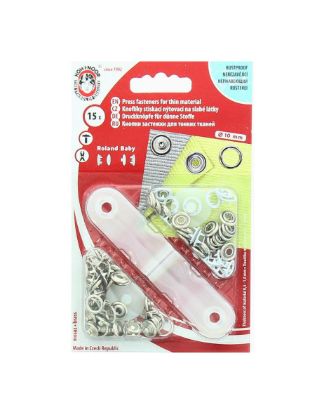 Box of 15 white jersey snap buttons with 9.7 mm tool