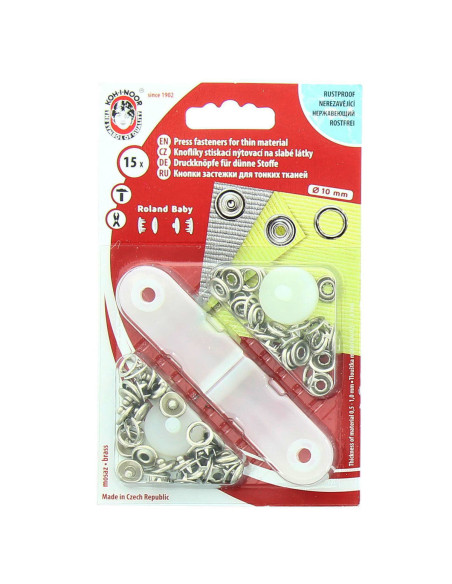 Box of 15 silver jersey snap buttons with 9.7 mm tool