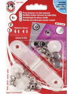 Box of 6 black pearl jersey snap buttons with 13 mm tool