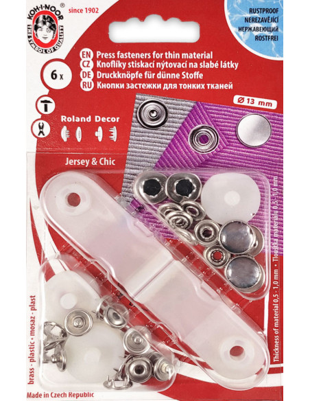 Box of 6 black pearl jersey snap buttons with 13 mm tool