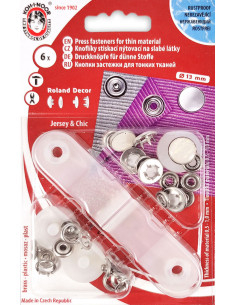 Box of 6 pearl white jersey snap buttons with 13 mm tool