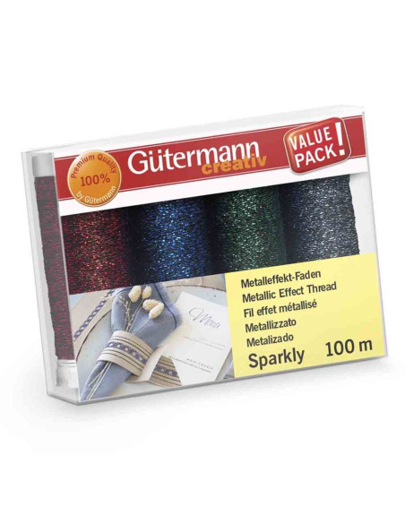Set of 4 Gütermann Sparkly sewing threads - Red, blue, green, and navy