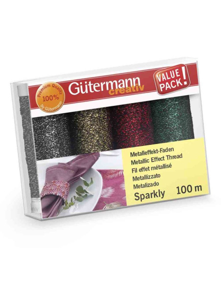 Set of 4 Gütermann Sparkly sewing threads - Silver, gold, red, and green