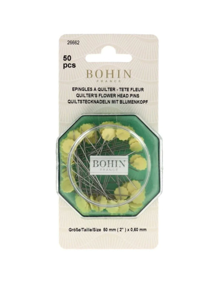 Box of 50 yellow flower head quilting pins, plastic, Bohin