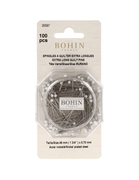 Box of 100 extra-long white glass head pins Bohin