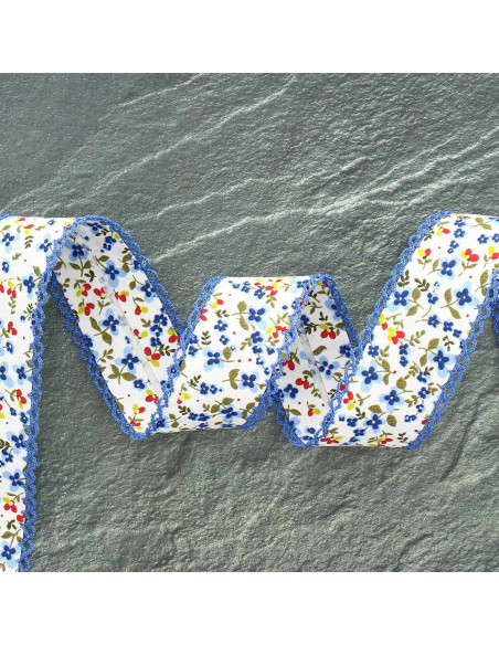 Folded bias with picot flowers - Blue