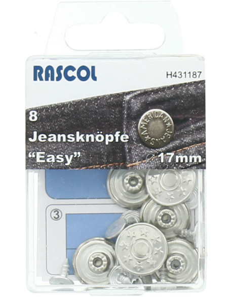 Box of 8 jean buttons 17mm Rascol - Shiny silver stars