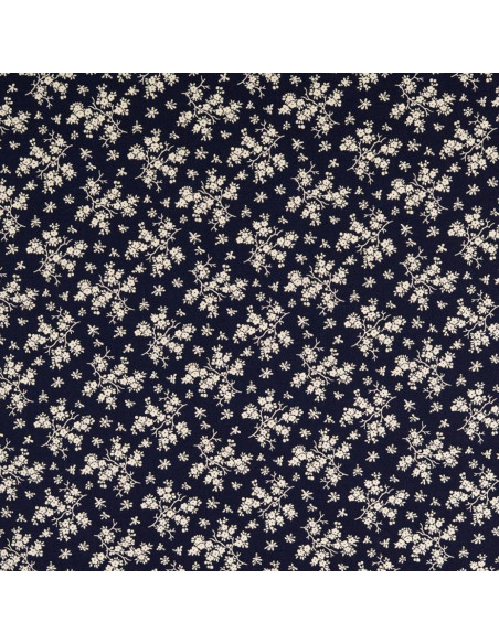 Vintage cotton fabric - Navy blue background with small ecru flowers