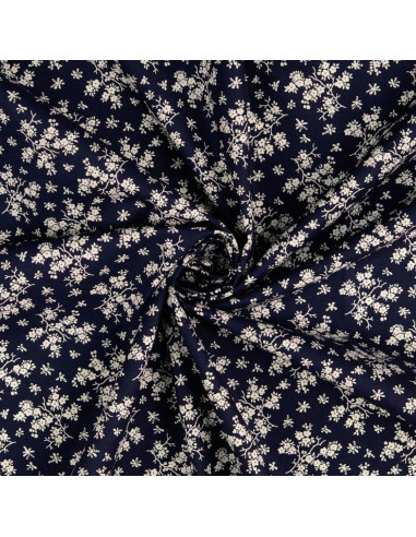 Vintage cotton fabric - Navy blue background with small ecru flowers