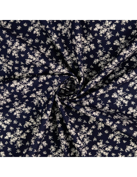Vintage cotton fabric - Navy blue background with small ecru flowers