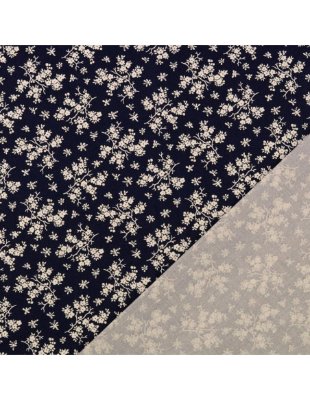 Vintage cotton fabric - Navy blue background with small ecru flowers
