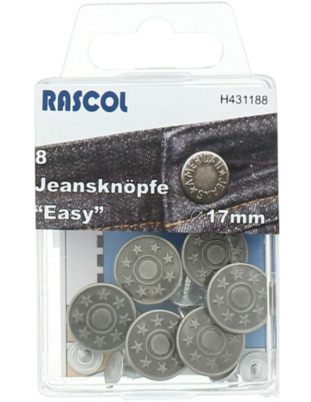 Box of 8 jean buttons 17mm Rascol - Matte silver stars