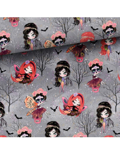 Sweat fabric - Halloween fairies on a gray background