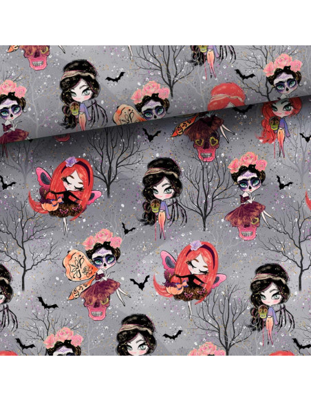 Sweat fabric - Halloween fairies on a gray background