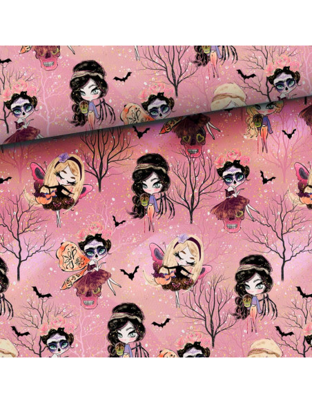 Sweatshirt fabric - Halloween fairies on a pink background