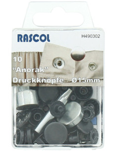 Box of 10 Rascol anorak snap buttons - 15 mm black