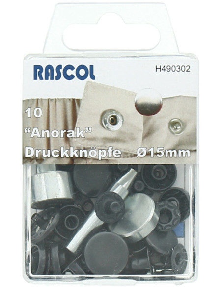 Box of 10 Rascol anorak snap buttons - 15 mm black