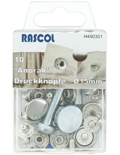 Box of 10 Rascol anorak snap buttons - 15 mm silver