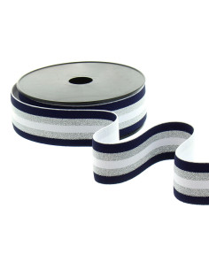 Fancy striped lurex elastic in navy blue, white, and silver, 40 mm